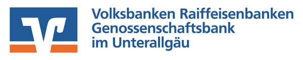 Ein großes V auf blau, weißem Hintergrund mit rotem Balken, Logo der Volksbanken Raiffeisenbanken Genossenschaftsbank Unterallgäu